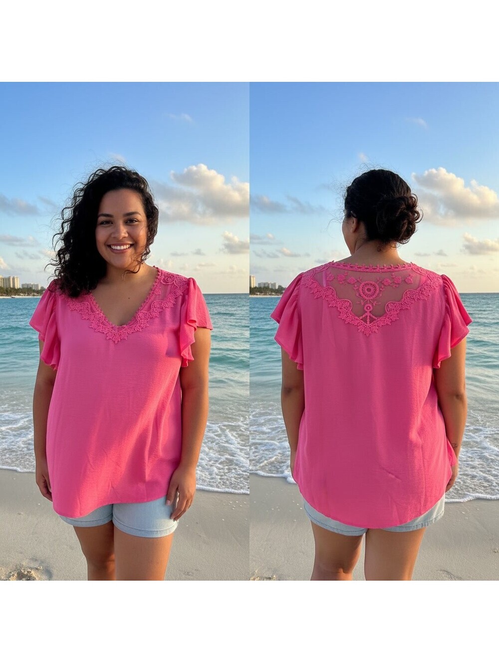 1630 - Perch by Blu Pepper 3XL Pink Lace Detail Short Sleeve Blouse